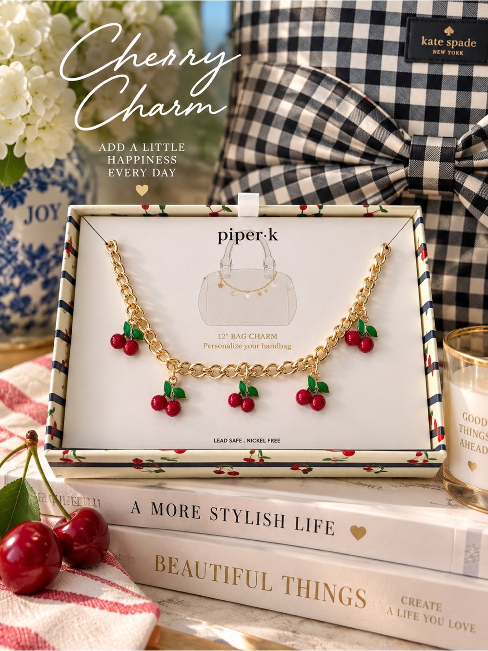 Piper K Cherry Bag Bracelet Charm – 12” Gold Chain Handbag Jewelry New In Box